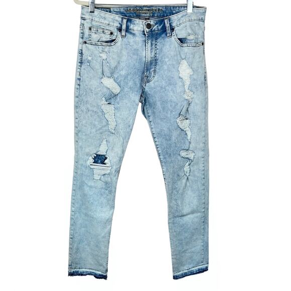 American Eagle Extreme Flex Light Acid Wash Slim Jeans 34x32 Distressed Raw Hem - Picture 1 of 5